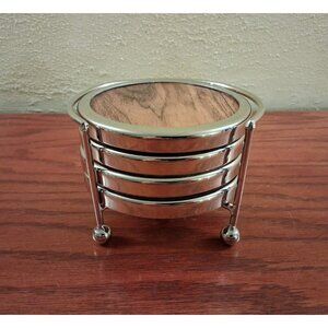Vintage MCM  Drink Coasters Teak Wood with Silver Holder Set of 4